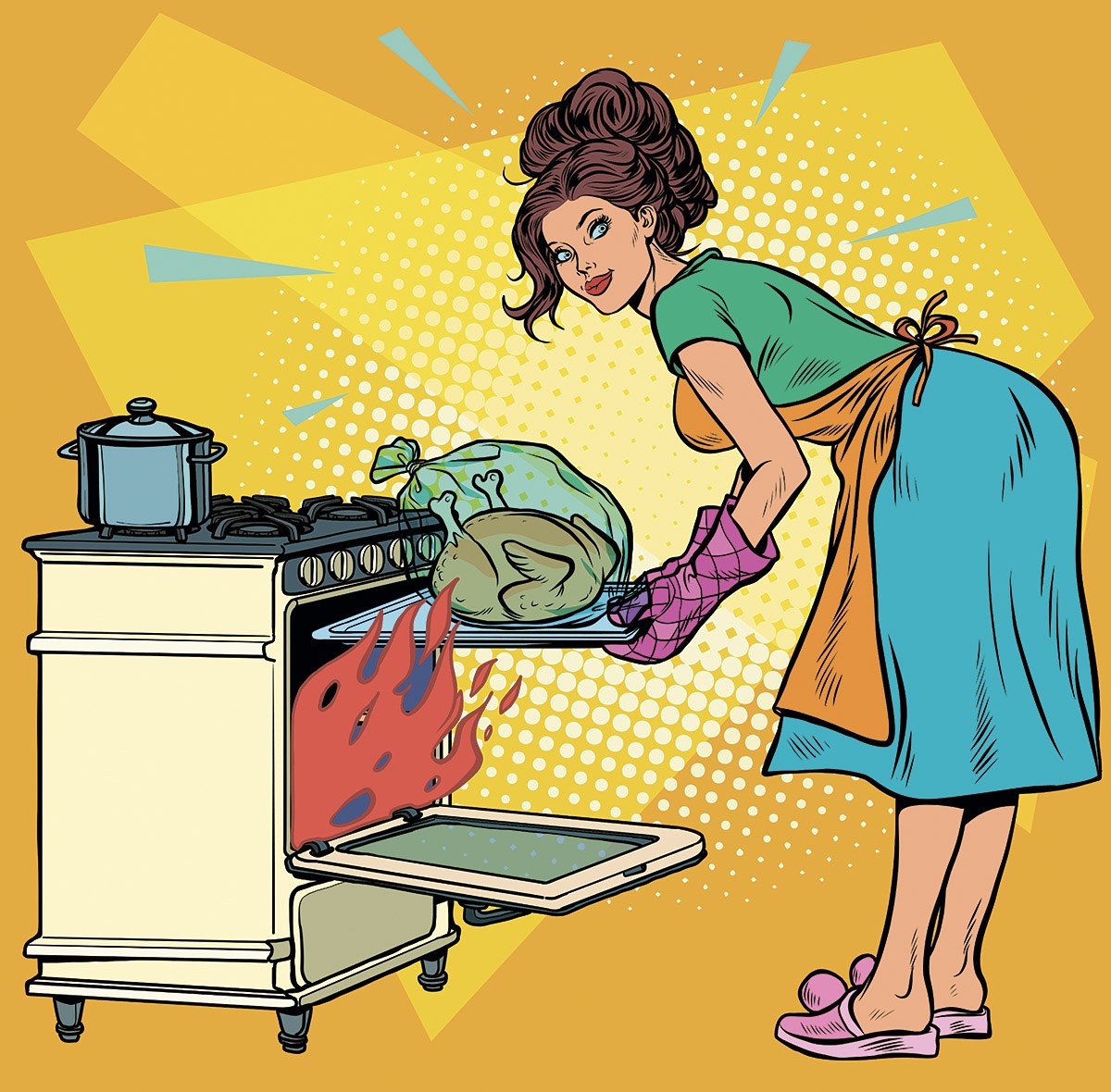 Housewife puts chicken in the oven to bake