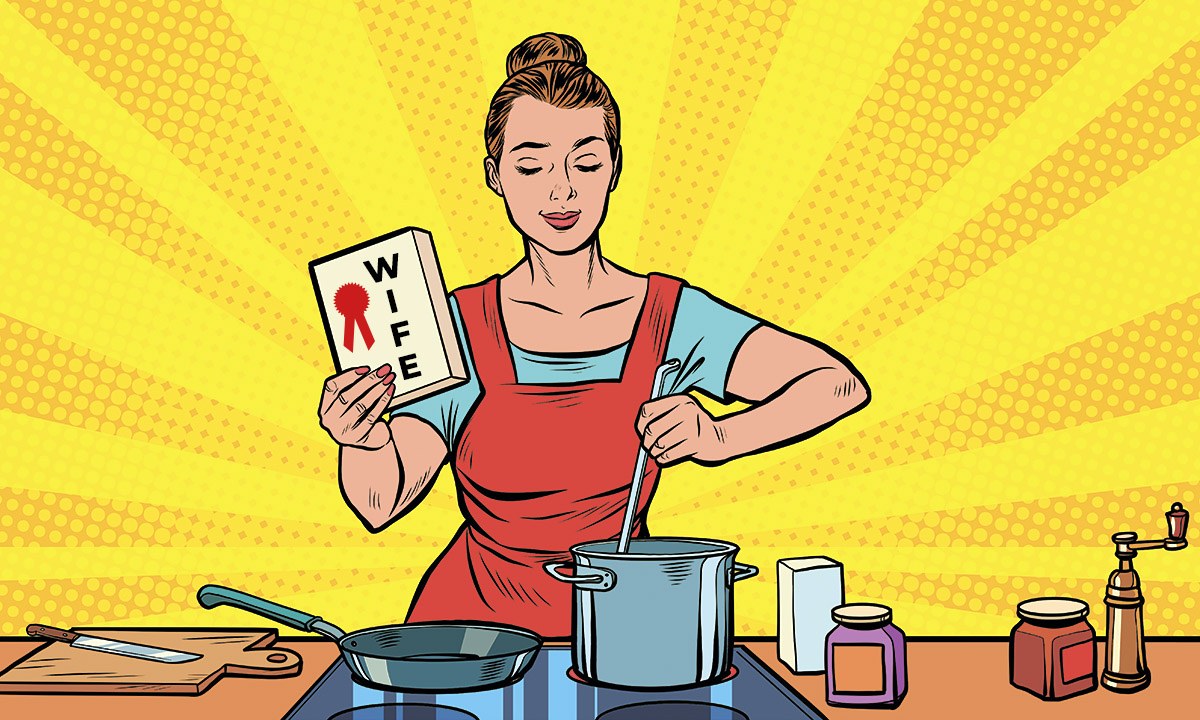 Picture of a housewife making soup in the kitchen