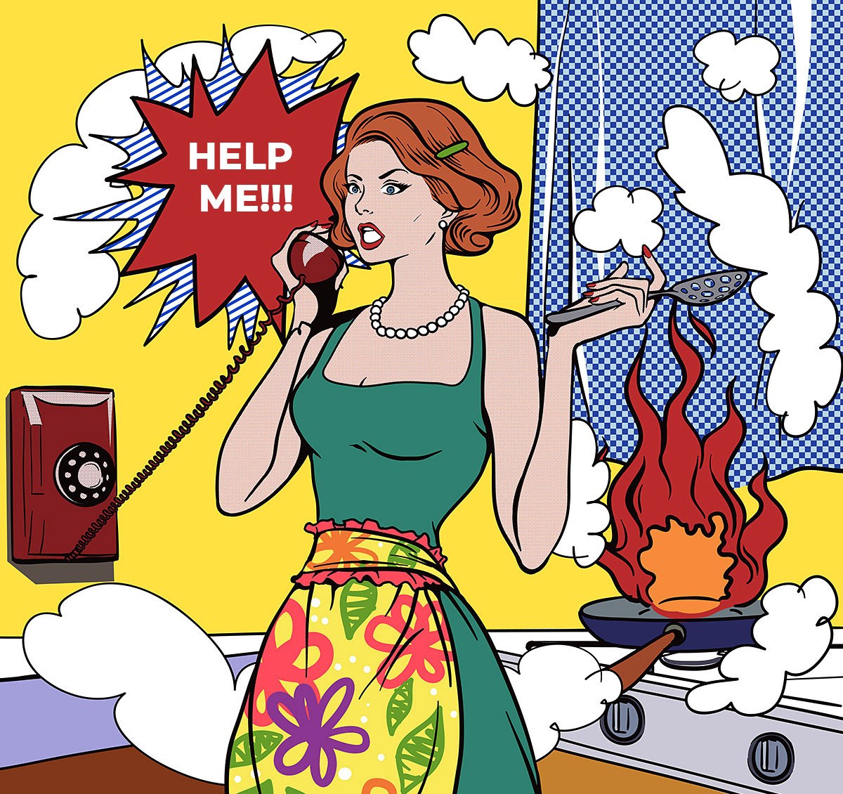 Picture of a woman talking on the phone in the kitchen asking for help