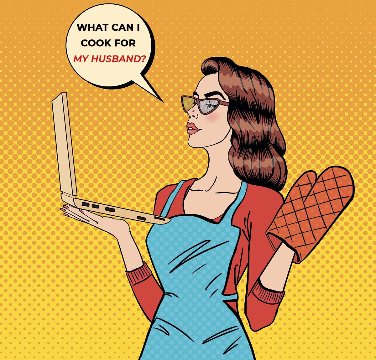 Woman with laptop thinks what to cook for her husband