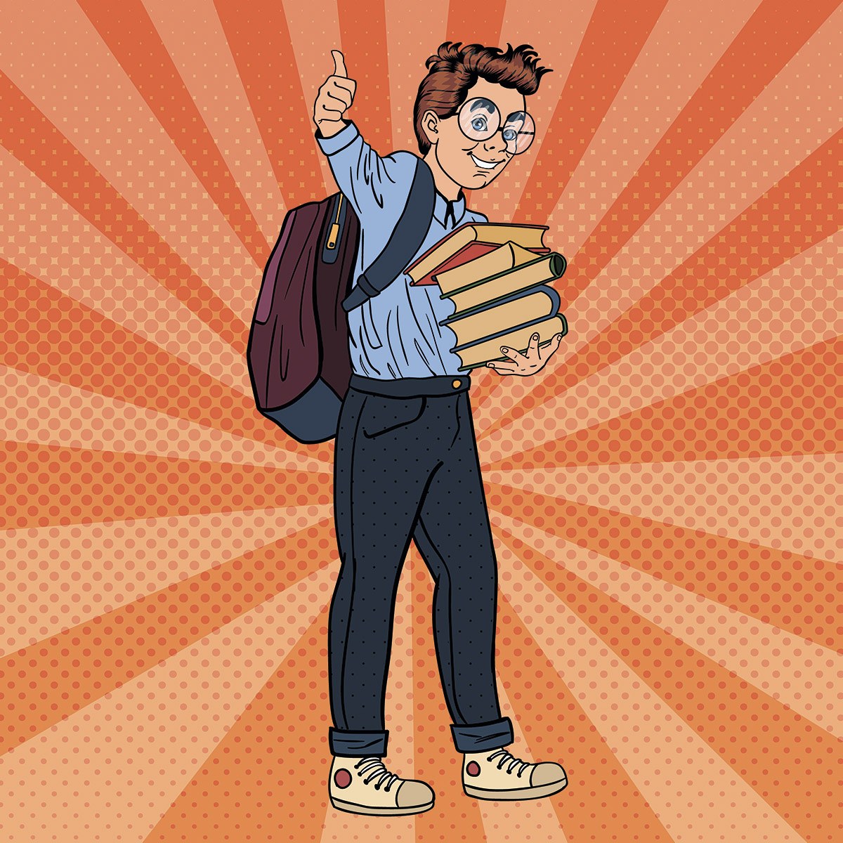 Cheerful boy with many books in his hands