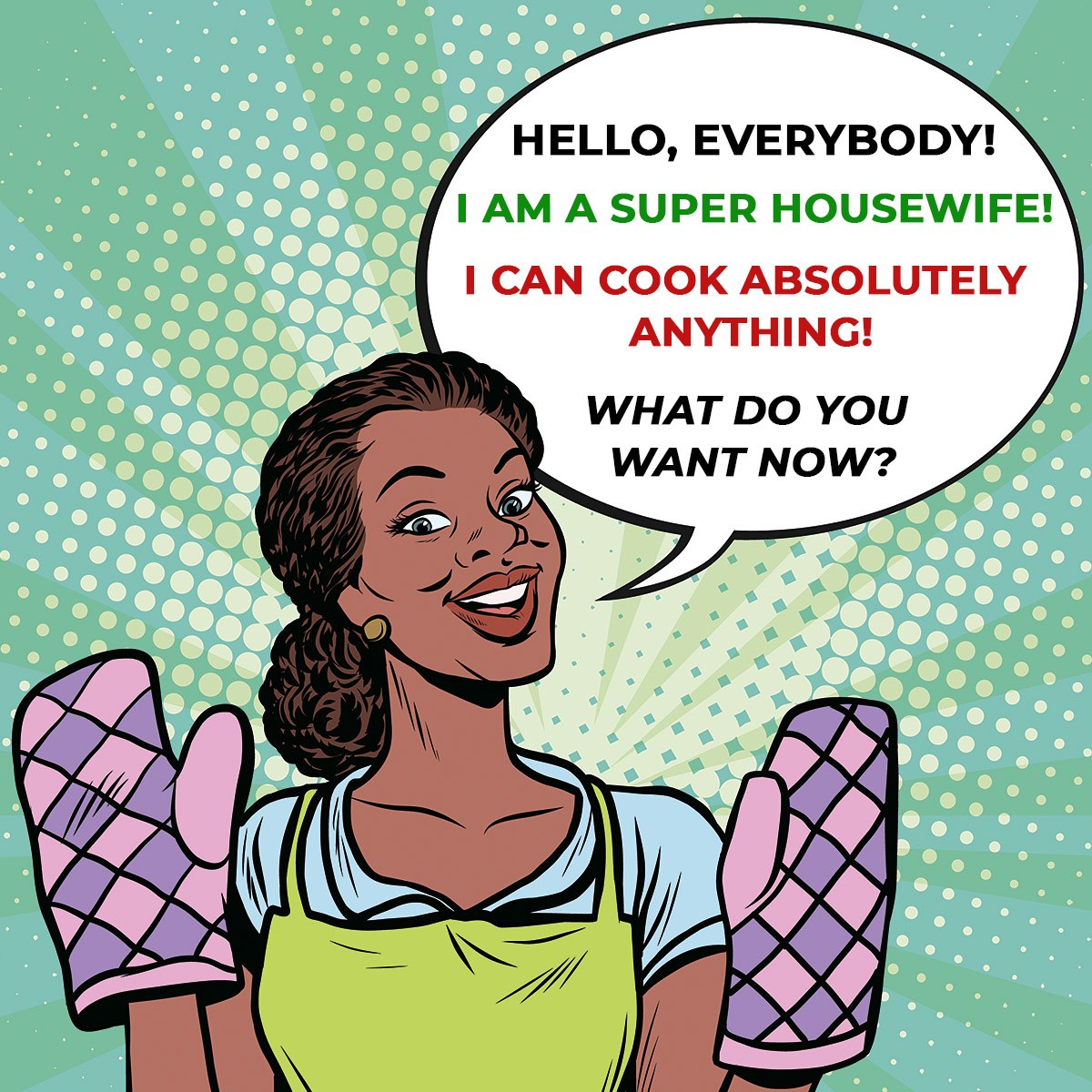 Picture of a charming housewife in chef's gloves