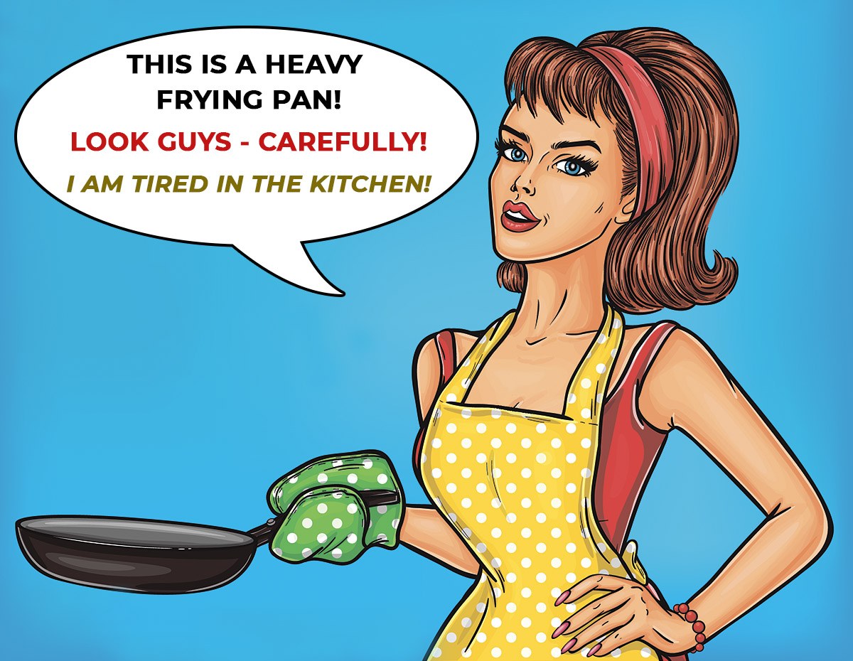 Agitated housewife with a large frying pan in hands