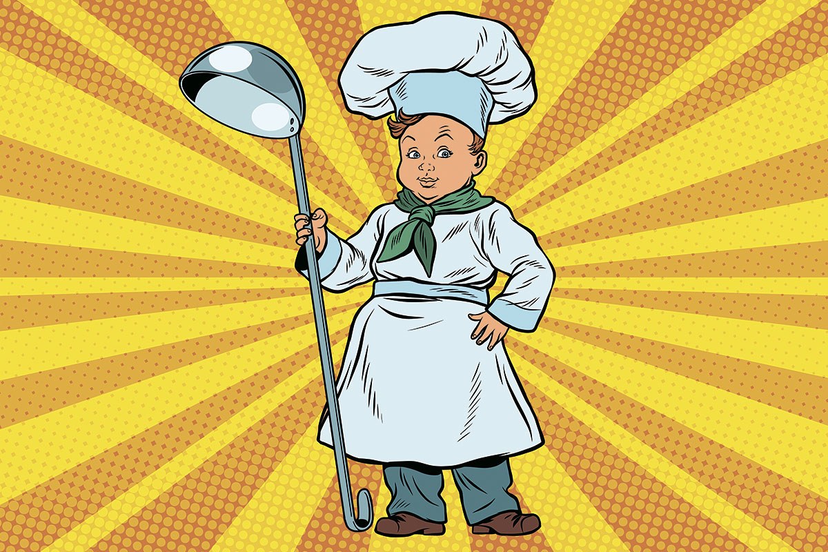 Picture of a child in a cook's costume and with a large ladle