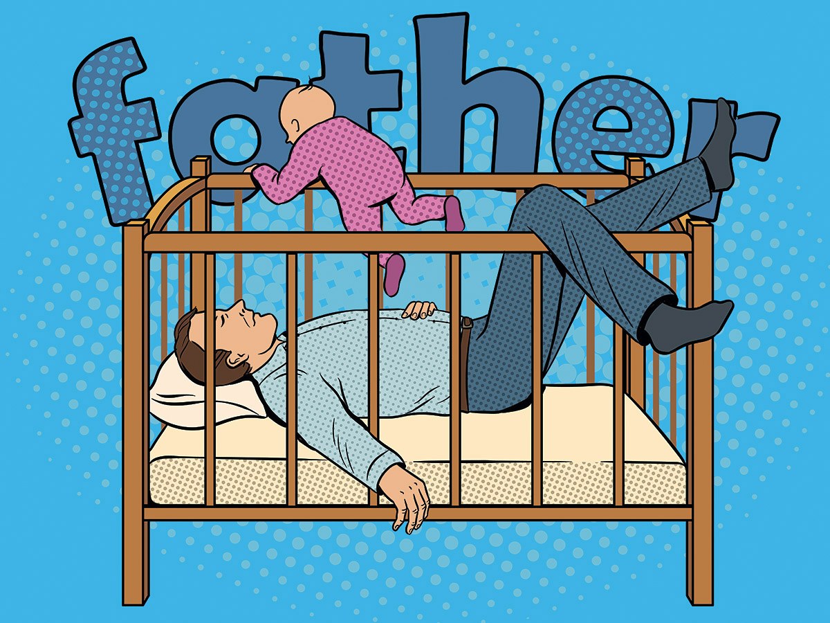 Picture of a tired father lying in a crib