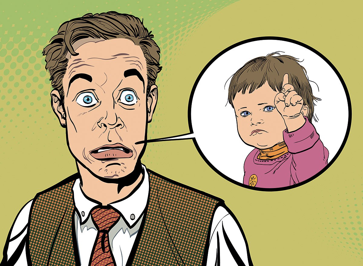Picture with a surprised face of a father from the words of his child