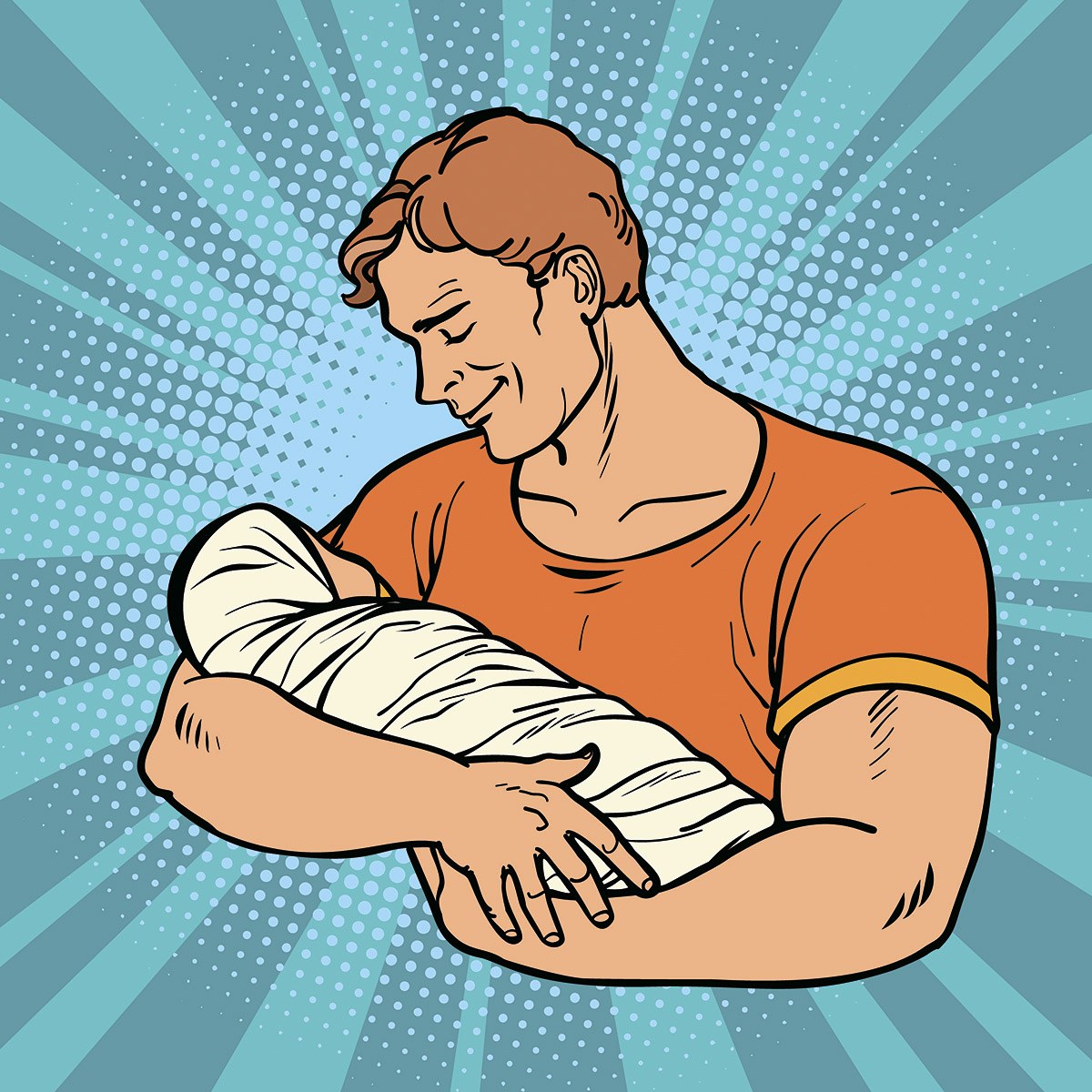 Happy dad with a newborn baby in his arms