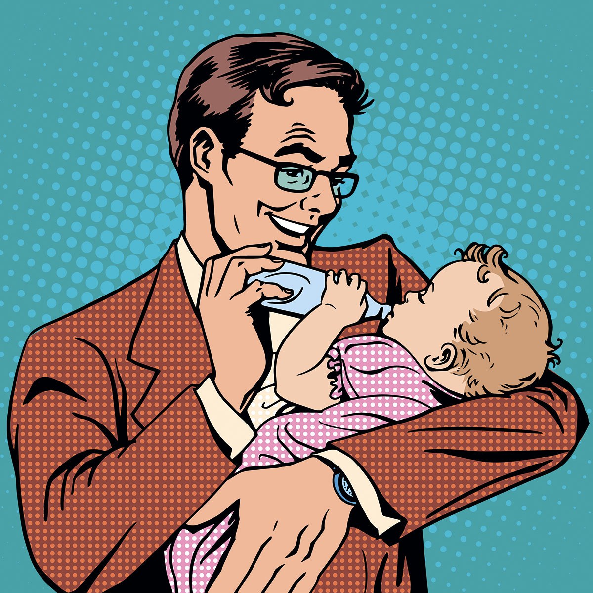 Caring dad feeds his little baby