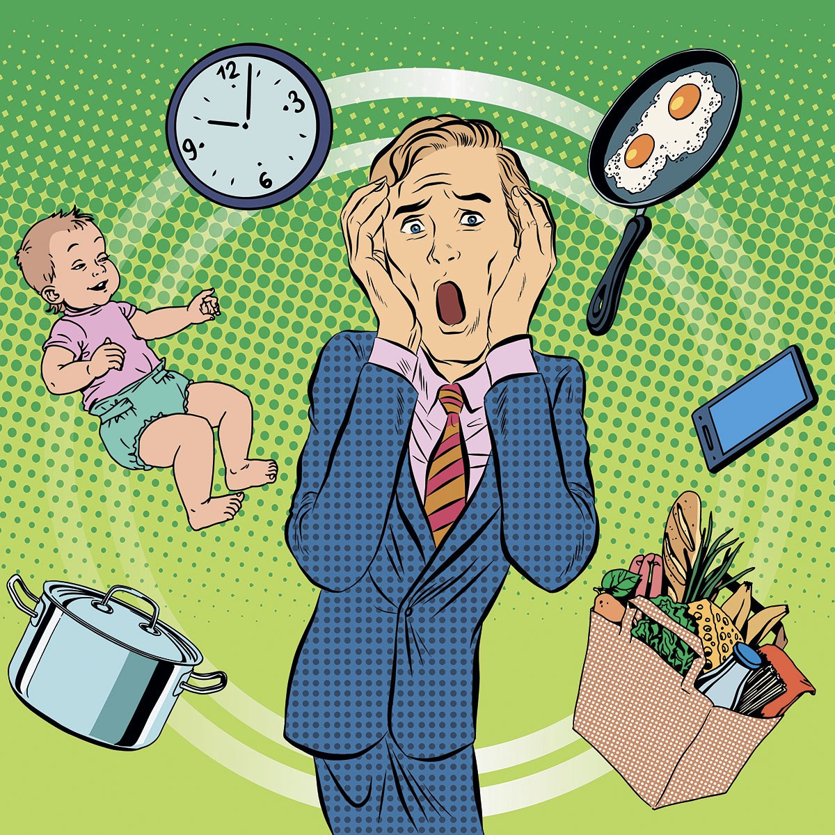Surprised father holding his head from a lot of household chores