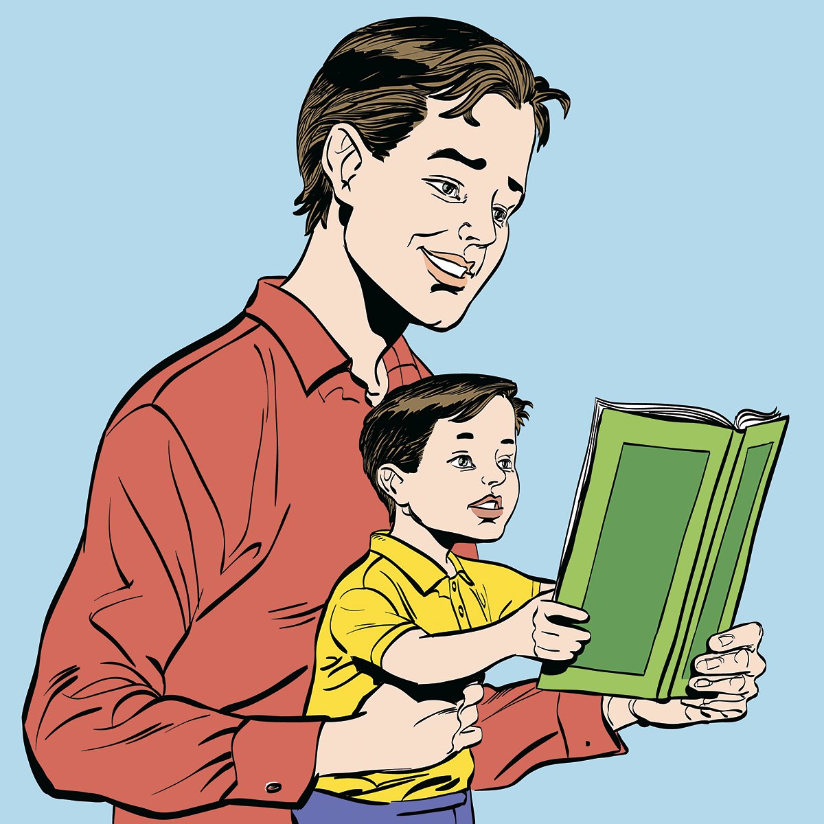 Father and son reading a book together