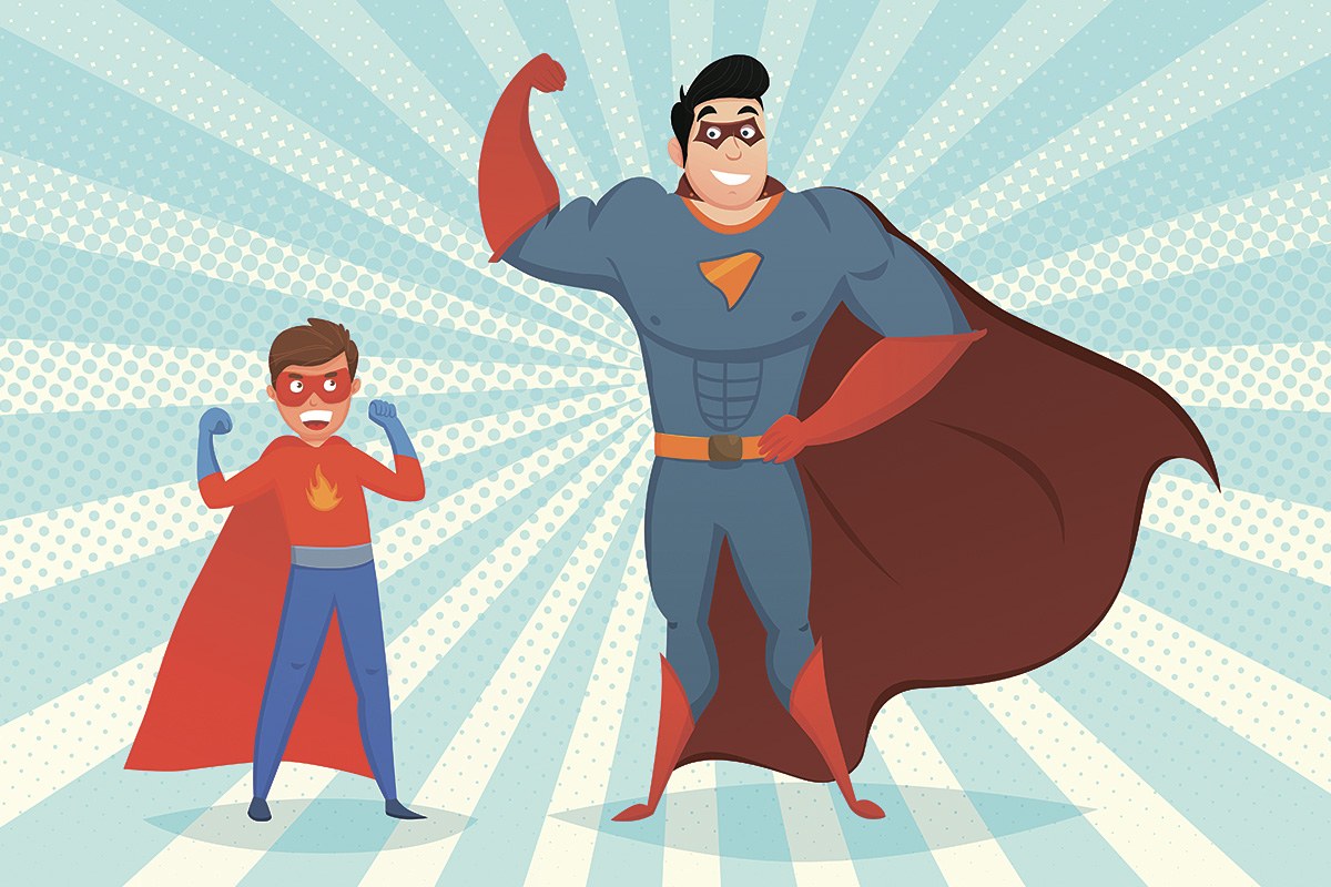 Picture of dad and child dressed in superman costumes