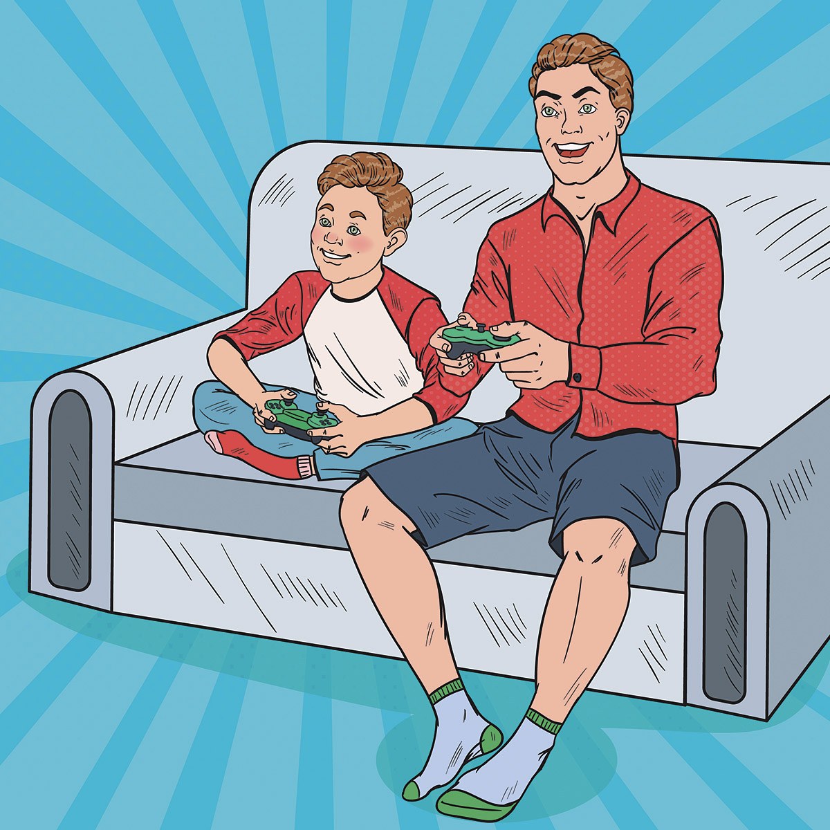 Dad and son are playing a computer console