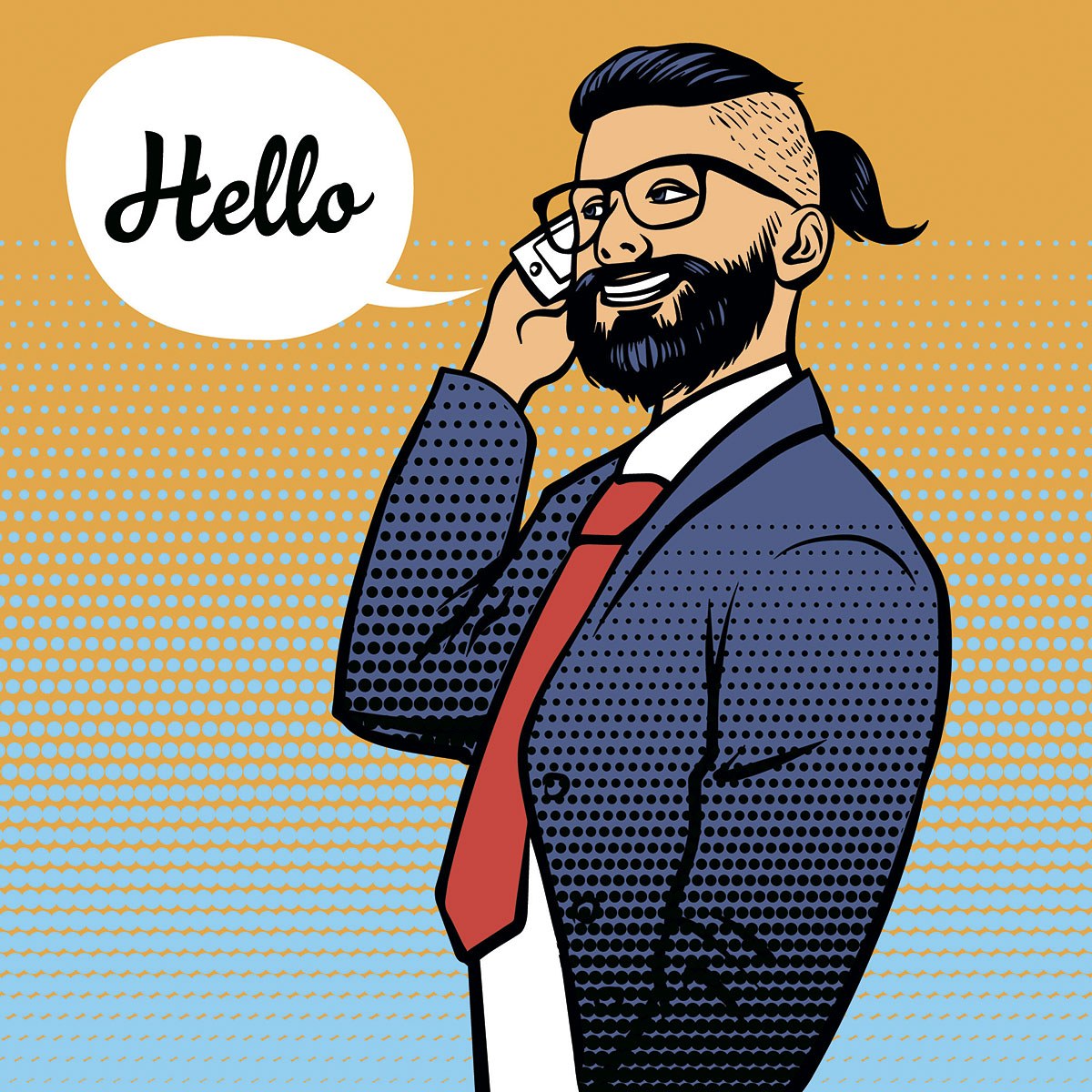 Man with fashionable hairstyle and beard talking on a cell phone