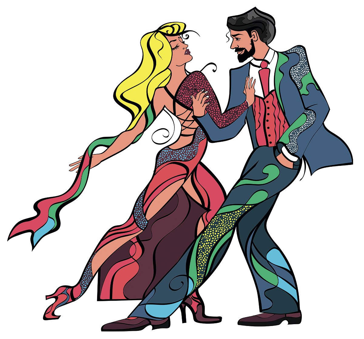 Picture with a dancing couple in colorful costumes