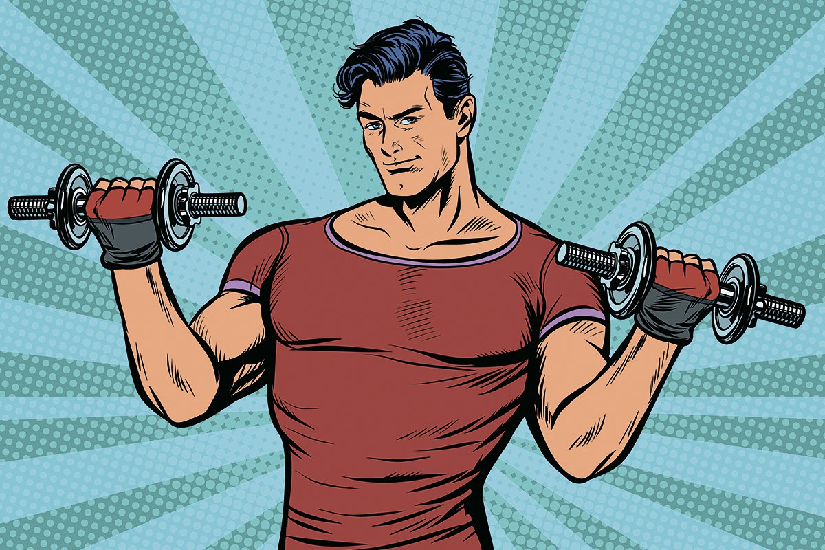 Picture of a sporty man with dumbbells in his hands