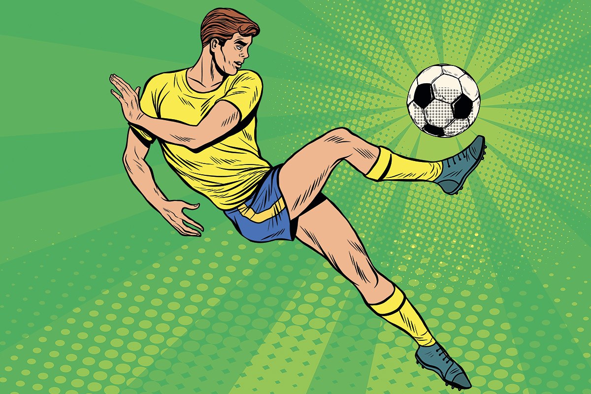 Picture of a dexterous football player kicking the ball