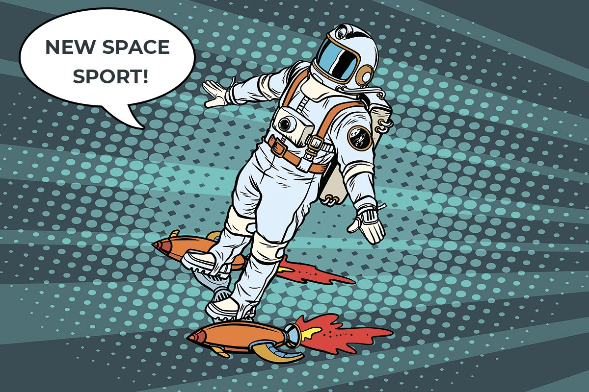 Picture of an athletic man in an astronaut suit flying in space