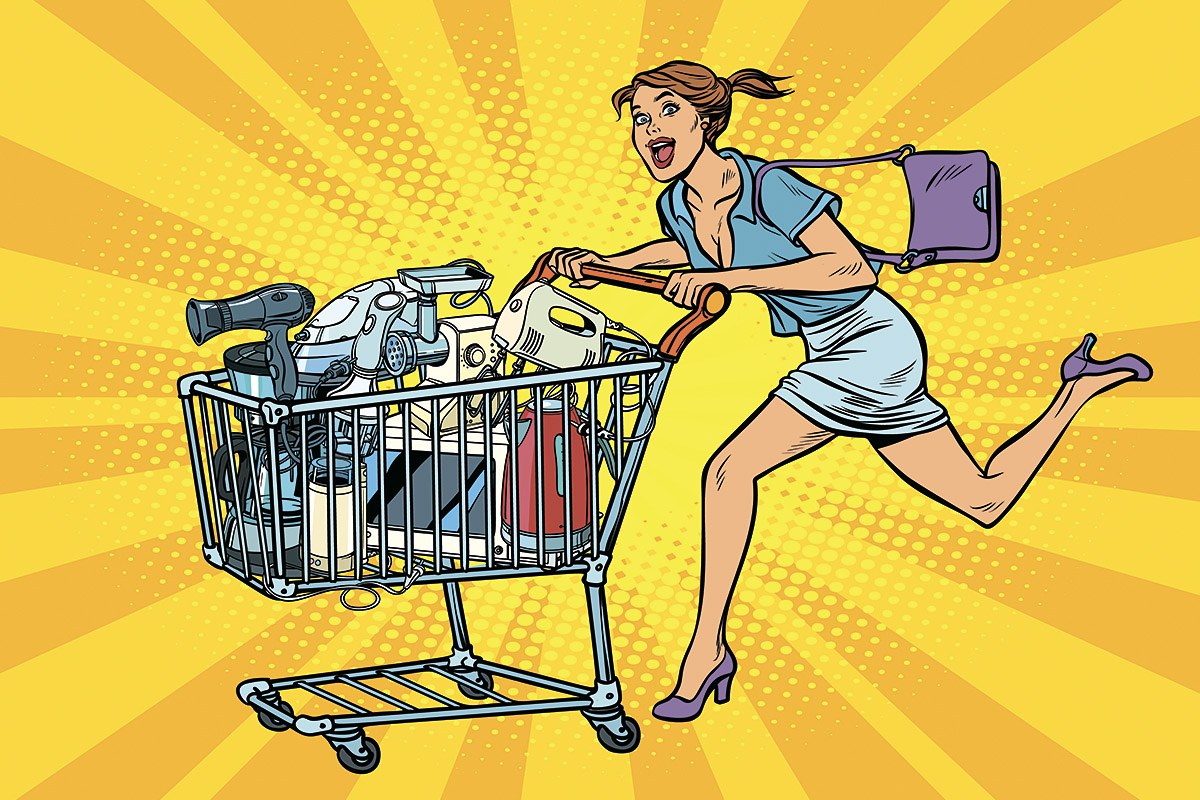 Picture of a woman running with a cart full of goods after shopping