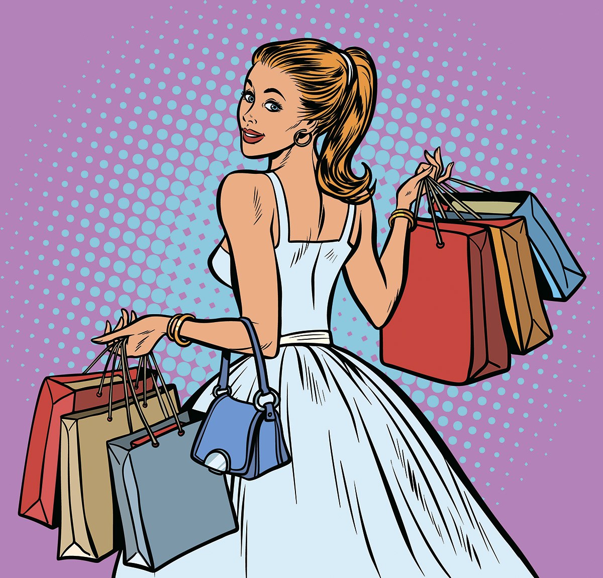 Girl in a beautiful dress and with purchases in her hands