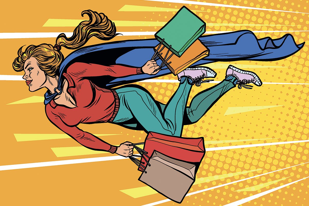 Woman in carnival costume flies after shopping with packages in her hands