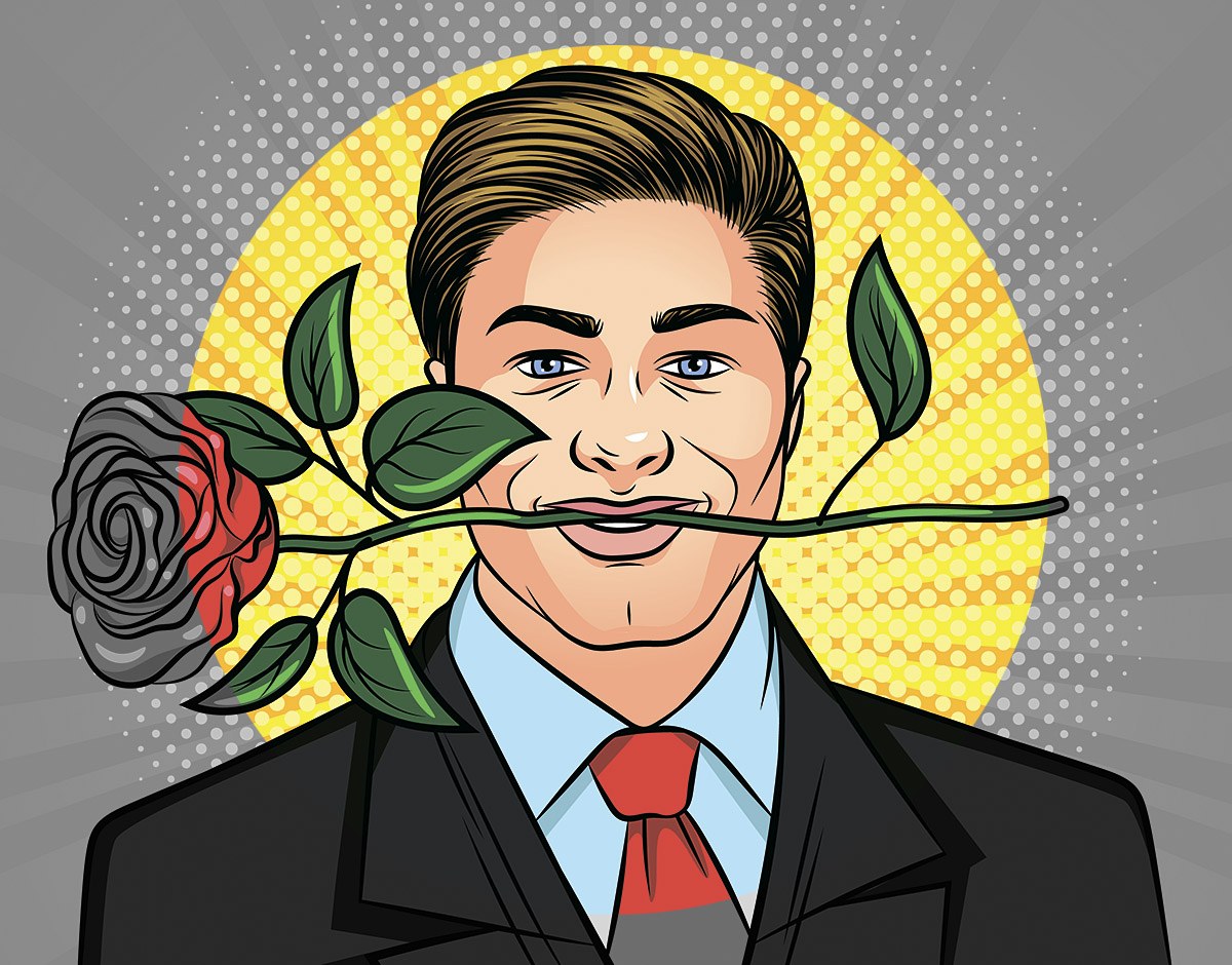 Handsome man with a rose in his mouth