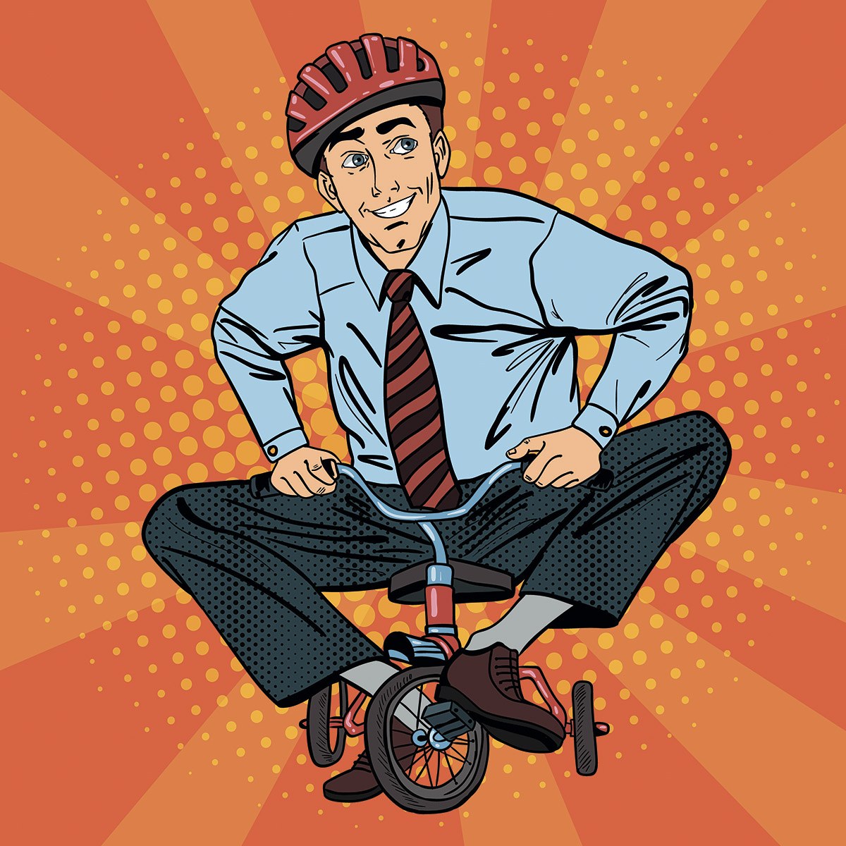 Adult man sat on a small bike and smiles