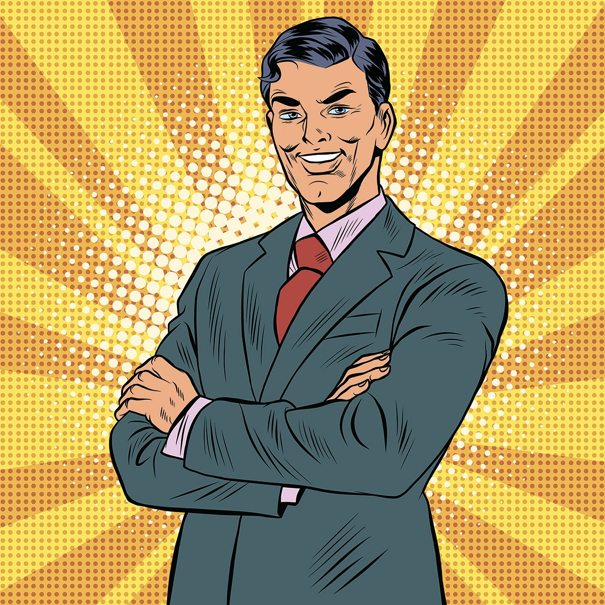A man in a business suit and red tie smiles tenderly