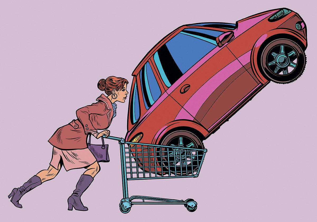 Comic picture of a woman with a car in a stroller for groceries