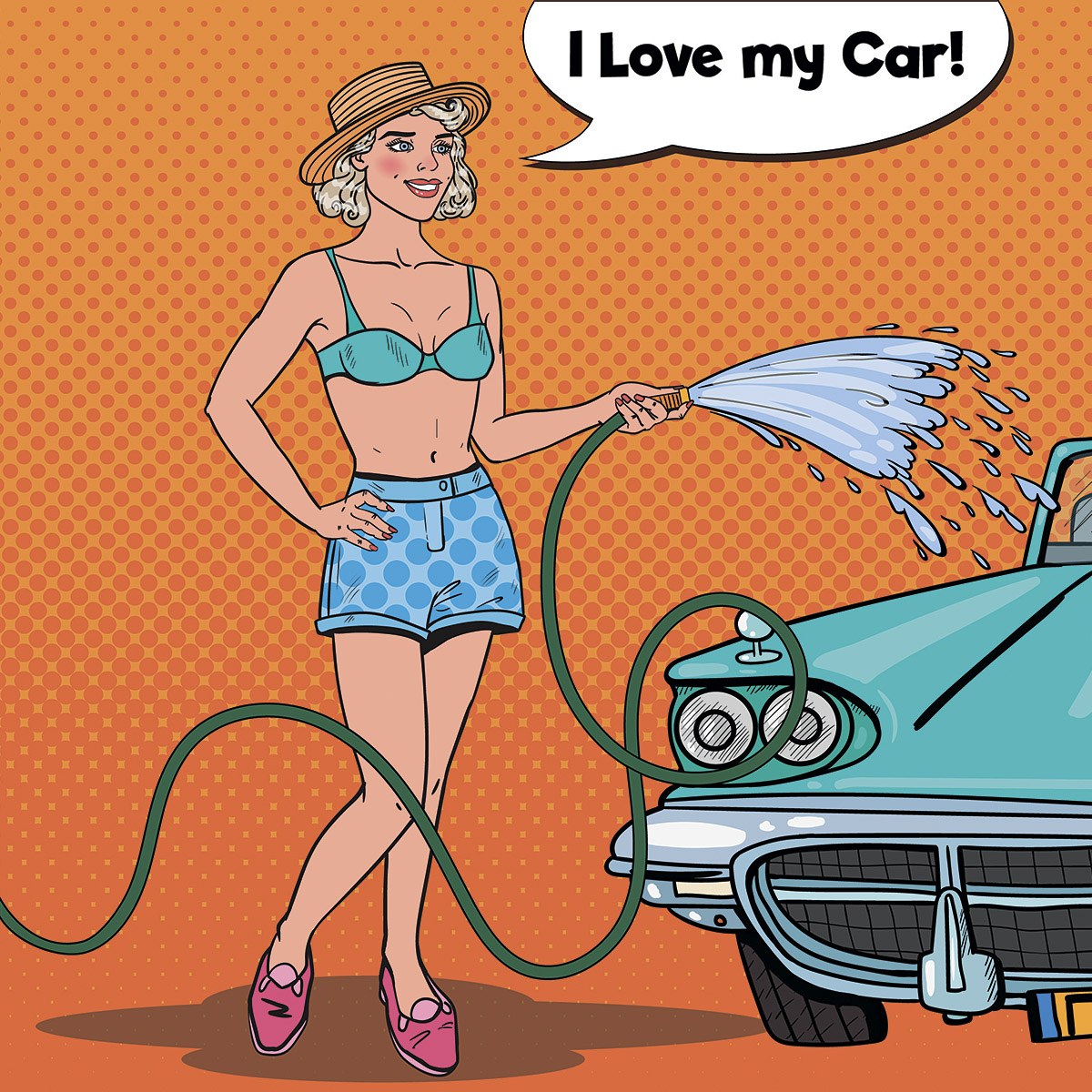 Beautiful woman washes her beloved car