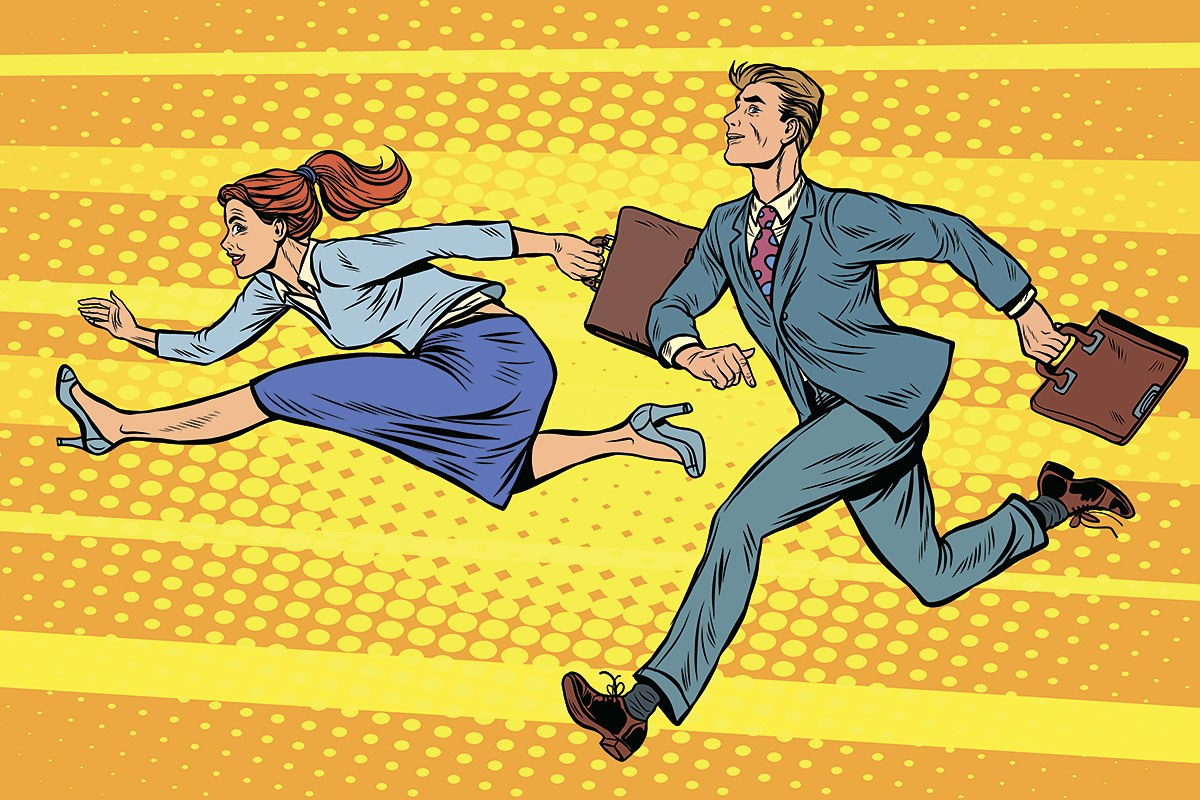 Business man and woman running a race with briefcases