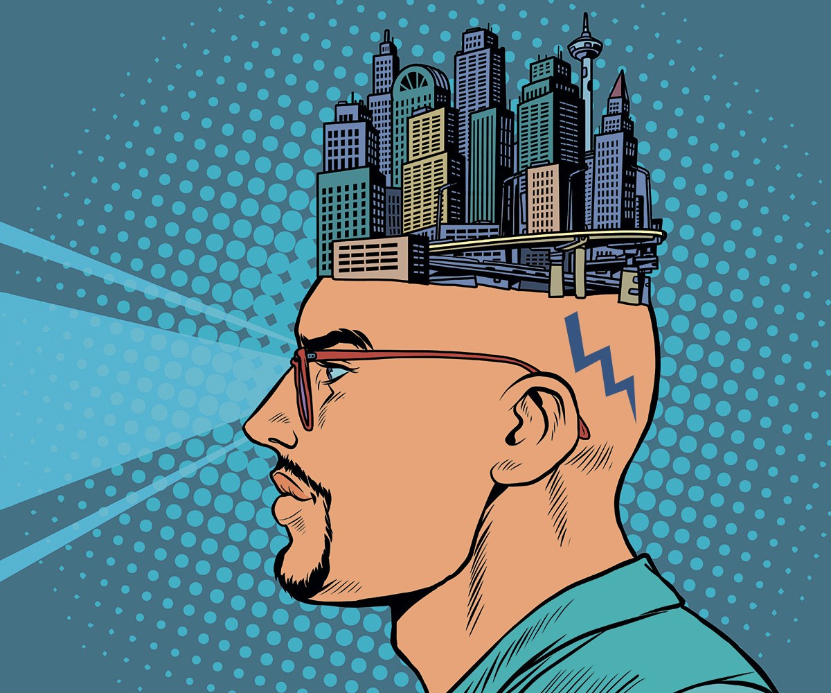 A picture with a tattoo in the form of a thunderstorm on a man's head