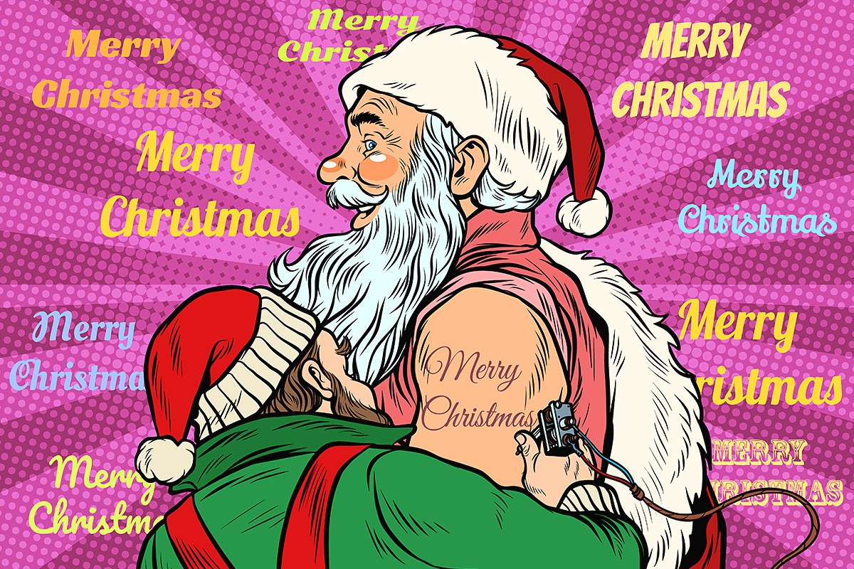 Cheerful Santa Claus with a tattoo on his shoulder in the form of an inscription Merry Christmas