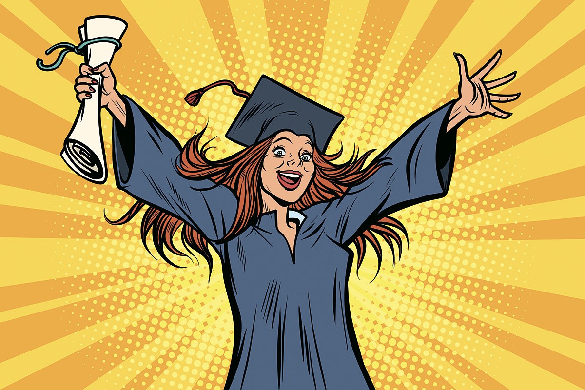 Happy graduating girl in a mantle and a hat