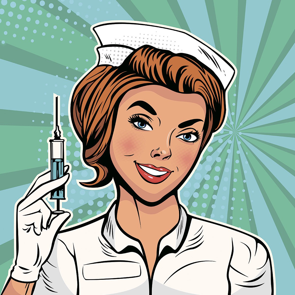 Beautiful nurse with a syringe in her hands and a white headdress