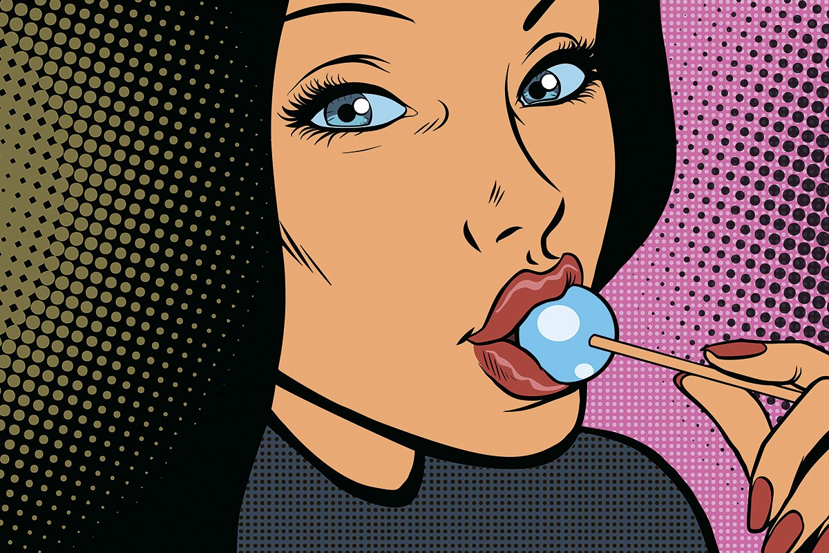 Beautiful blue-eyed woman with Chupa Chups in her mouth