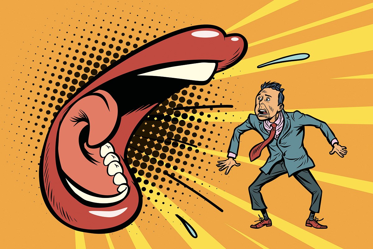 Cheerful picture of a screaming female mouth at a man
