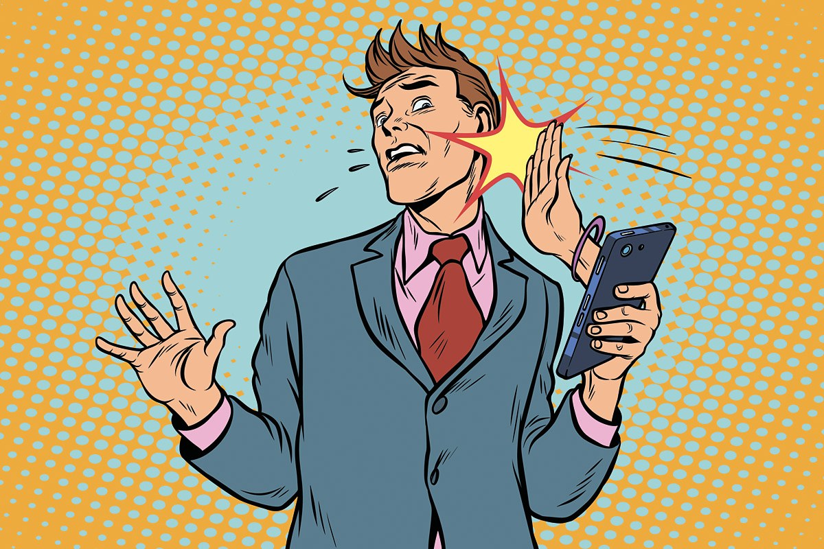 A man with a phone in his hands from the screen of which a female hand climbs out