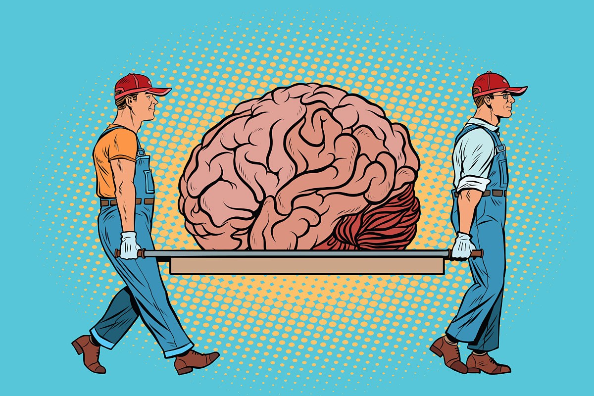 Funny picture of two men carrying a big brain on a stretcher