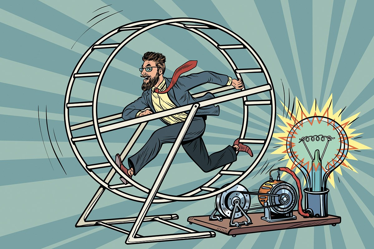 Funny man runs in a wheel in a circle