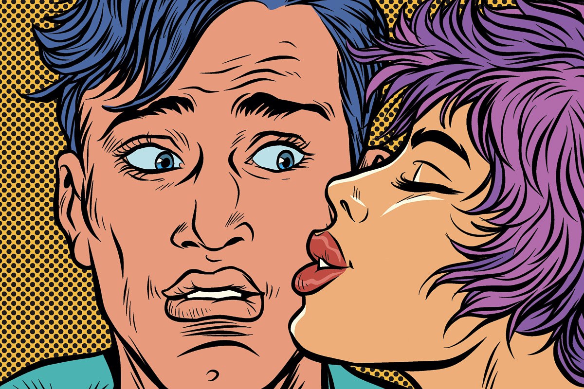 Girl kissing surprised guy on cheek