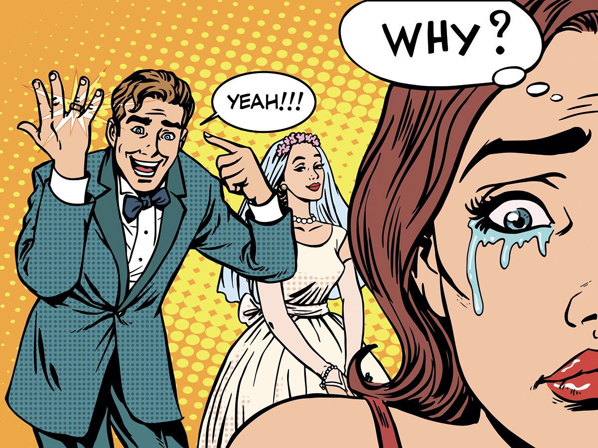 Picture of newlyweds and upset girl
