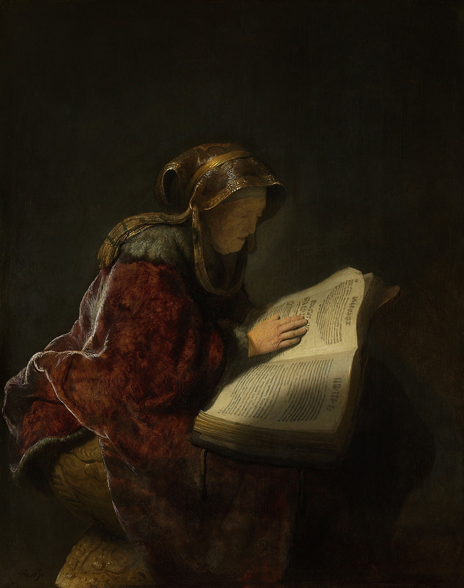 Old Woman Reading, Probably the Prophetess Hannah, Painter: Rembrandt van Rijn, 1631, Dutch Painting
