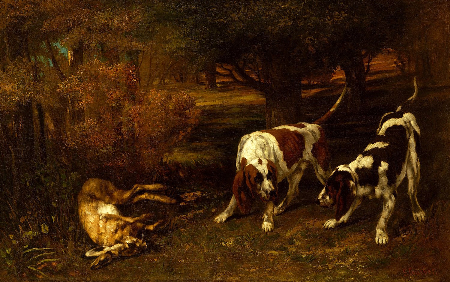 Hunting Dogs with Dead Hare, Painter: Gustave Courbet, 1857, French Painting Hunting Dogs with Dead Hare, Painter: Gustave Courbet, 1857, French Painting