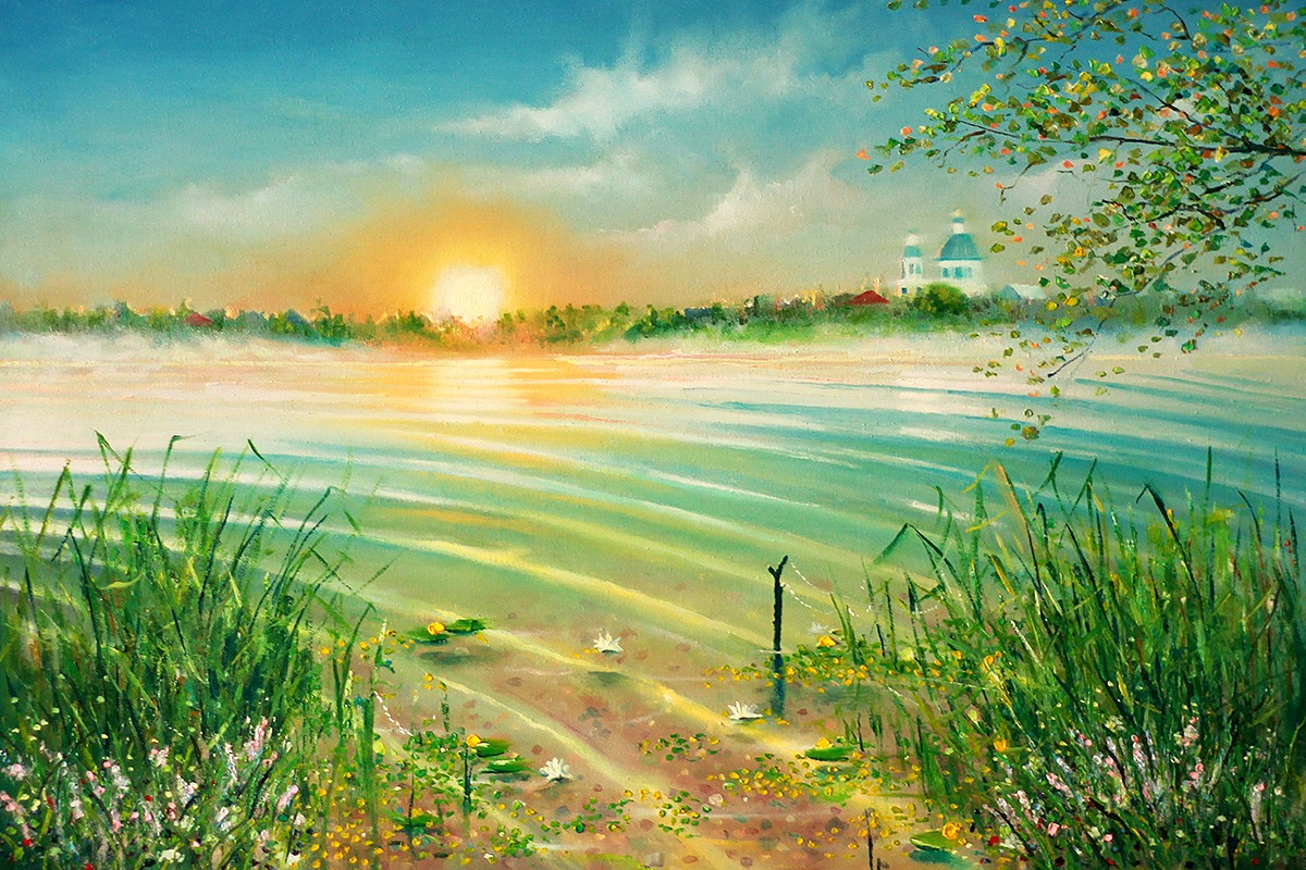 Painting with the dawn of the sun near the lake
