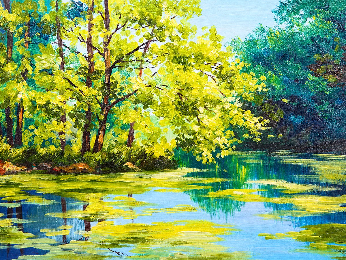 Bright oil painting with trees and lake