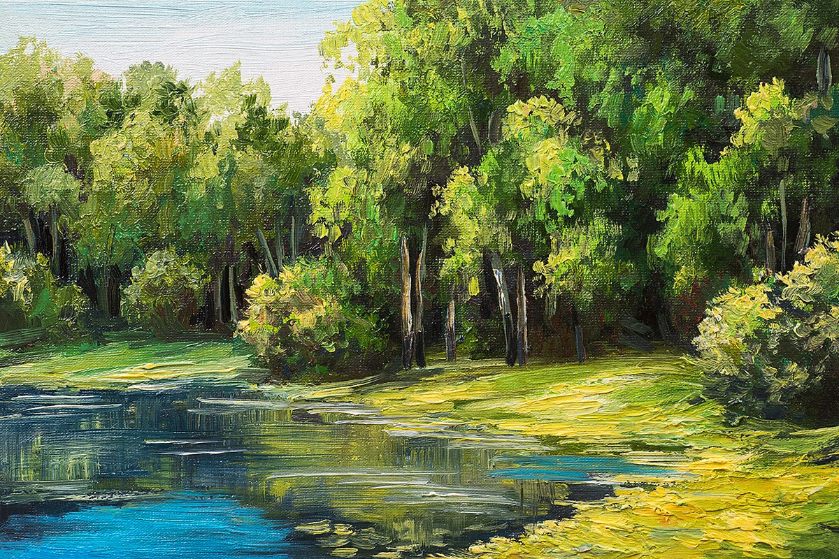 Oil painting with green forest and lake
