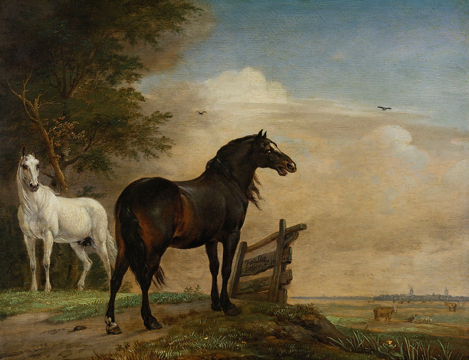Two Horses in a Meadow Near a Gate, Painter: Paulus Potter, 1649, Original Painting Two Horses in a Meadow Near a Gate, Painter: Paulus Potter, 1649, Original Painting