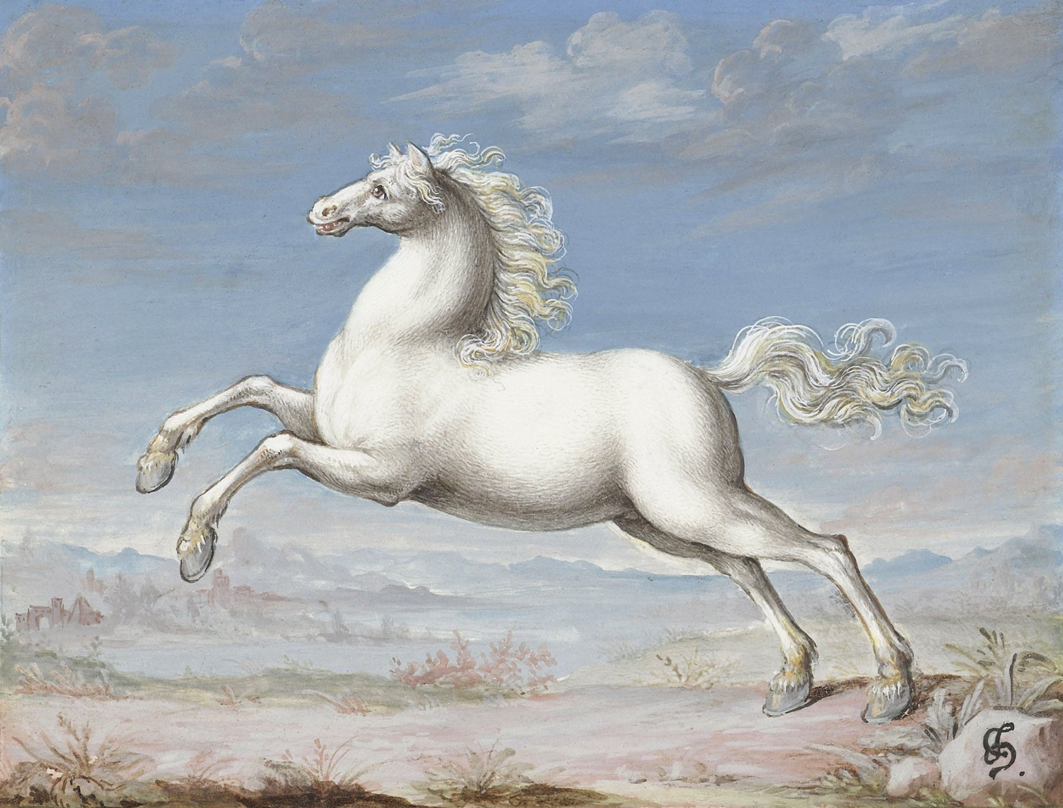 White Horse, Painter: Joris Hoefnagel, 1560-1599, Original Painting White Horse, Painter: Joris Hoefnagel, 1560-1599, Original Painting