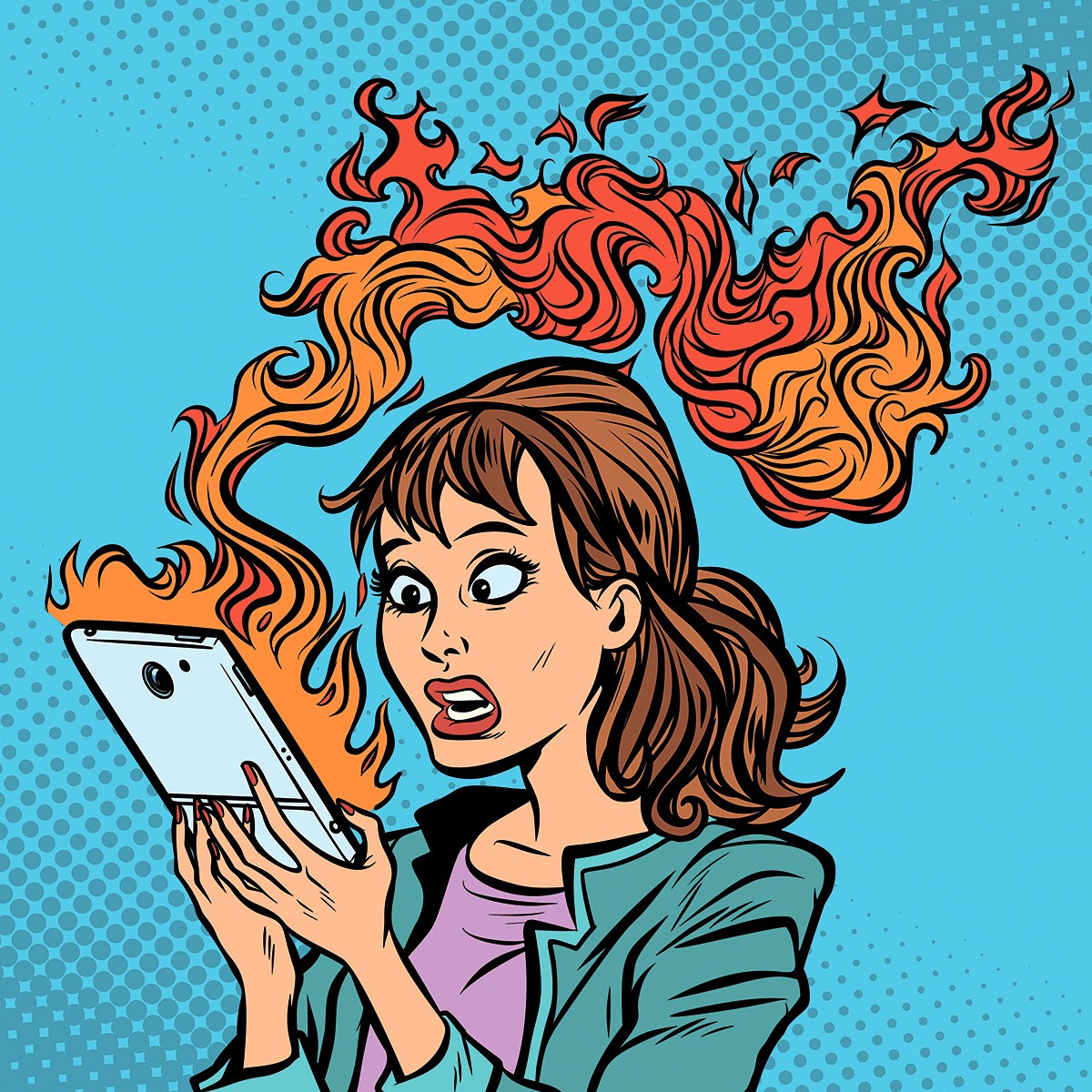 Picture of a girl with a fiery tablet in her hands