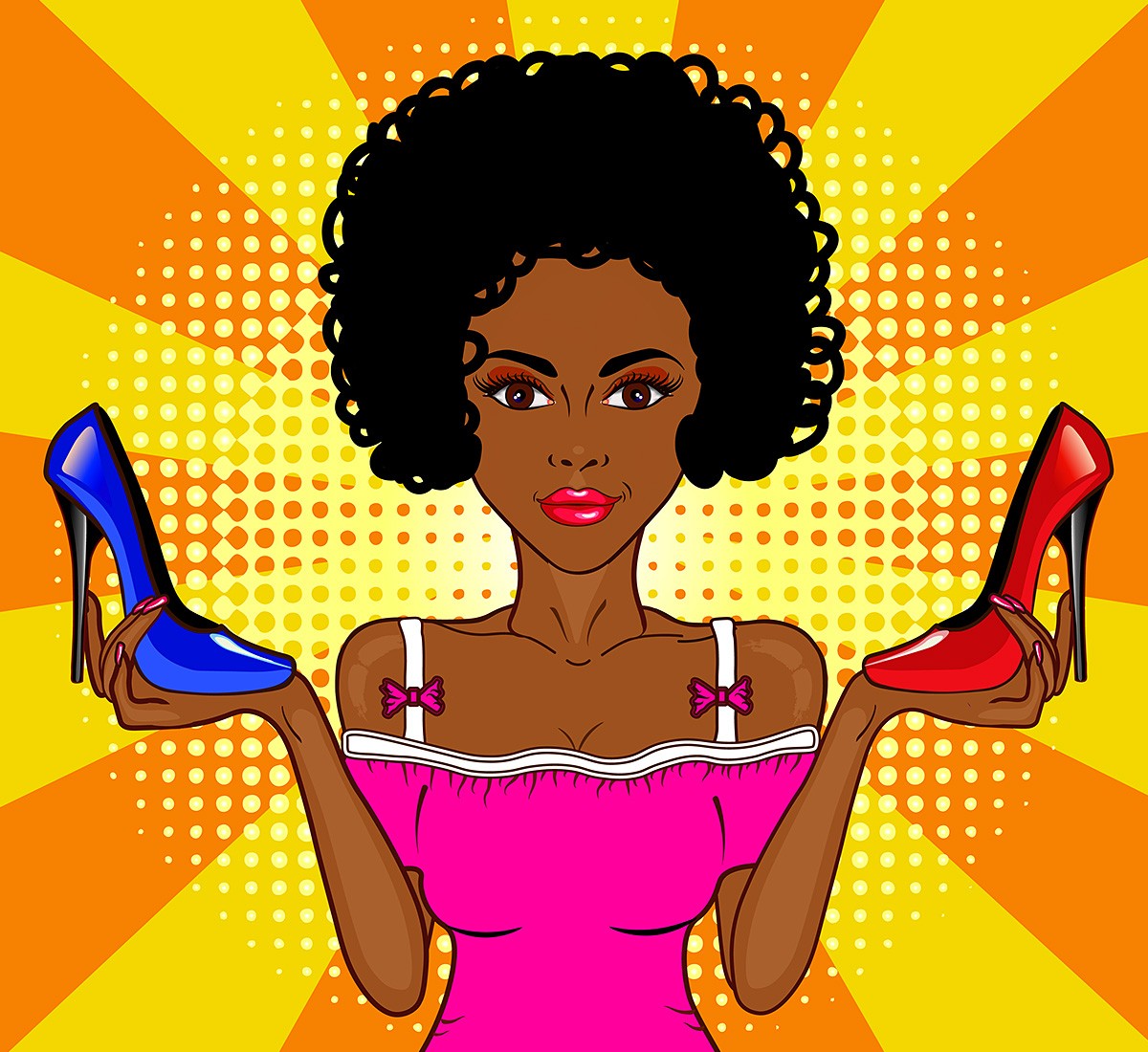Pretty girl holding two shoes of different colors in her hands